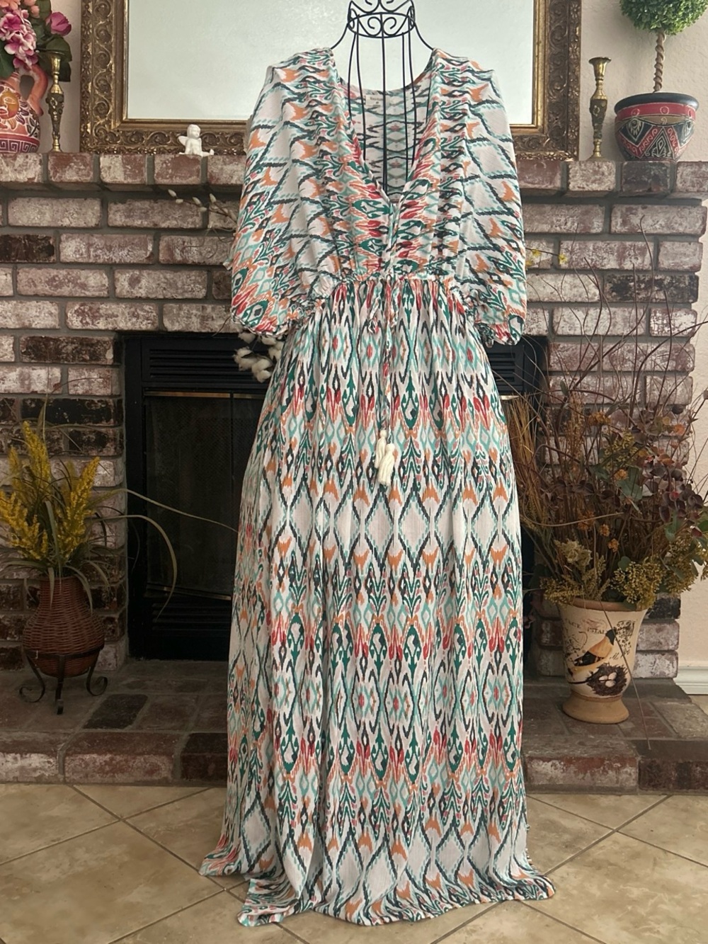 Women’s World Market Dolman Sleeves Elastic Waist Multi Geometric Maxi Dress